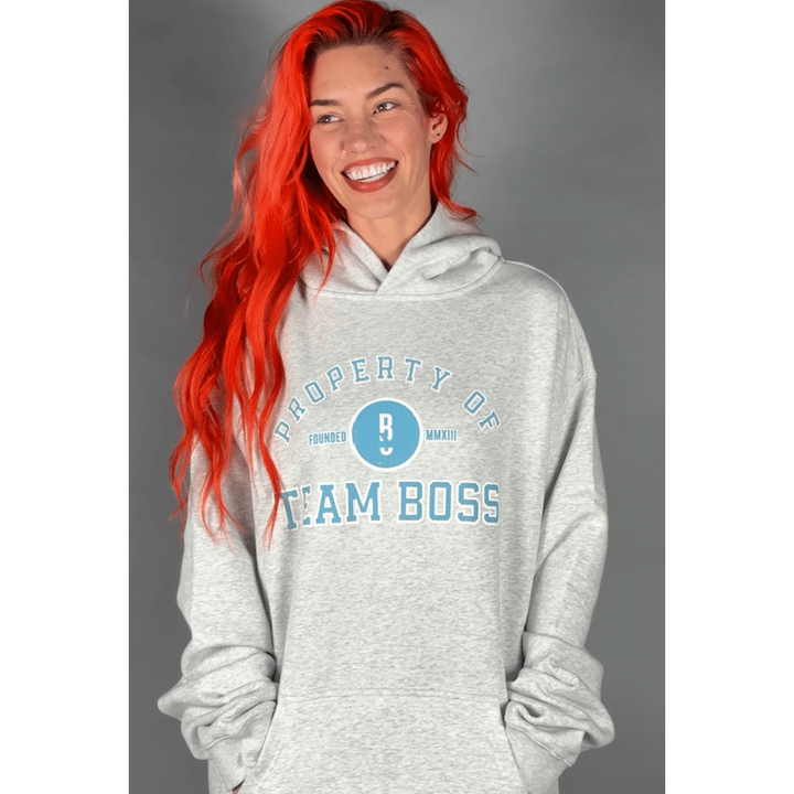 Property of Team BOSS Hoodie (bright blue print) Large | Anthem Supplements Canada