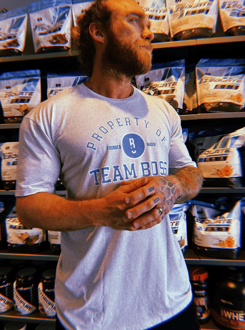 Property Of Team BOSS Tee (bright blue print) Medium | Anthem Supplements Canada